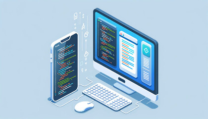  flat vector illustration of a smartphone and a computer coding app - obrazy, fototapety, plakaty