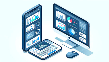 isometric flat vector illustration of a smartphone and a computer business analytics