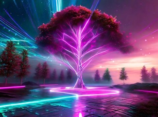 Enlighted tree with neon light glow. Futuristic and science fiction wallpaper.