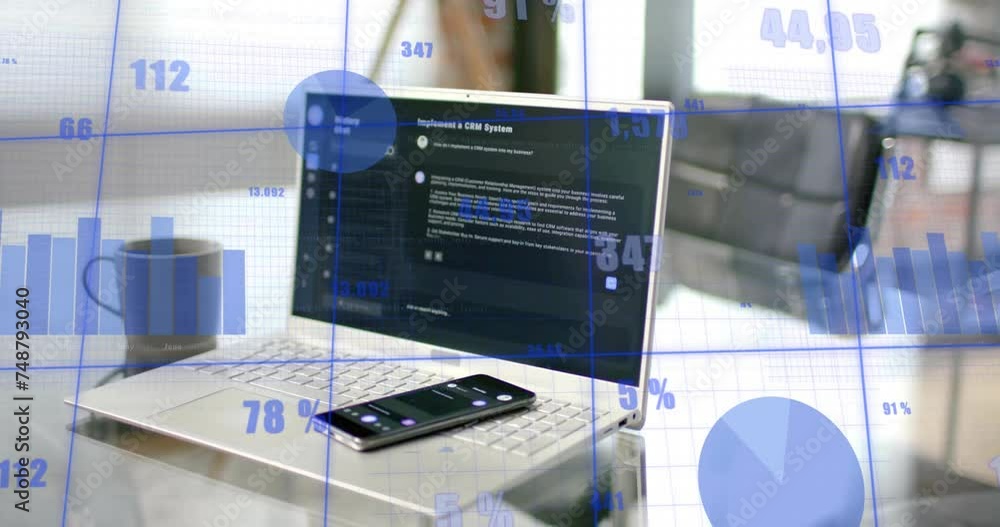 Poster animation of statistics and data processing over computer on desk in office
