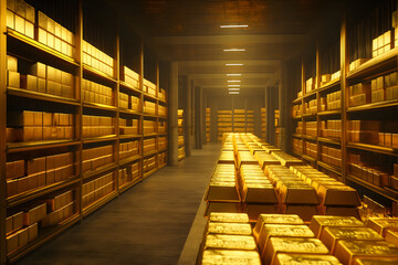 Generic gold reserve vault with stacks of gold bars. Neural network generated image. Not based on any actual scene or pattern.