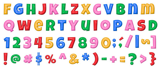 A set of multi-colored inflatable letters, numbers and various symbols with plastic texture. High...