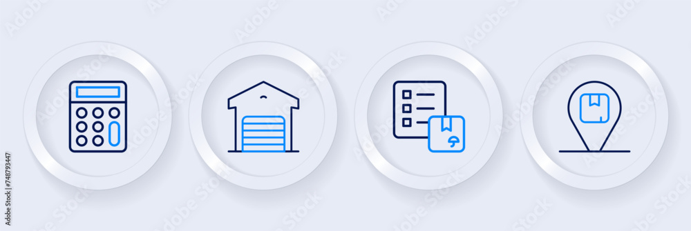 Poster set line location with cardboard box, verification of delivery list, warehouse and calculator icon. 