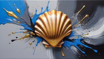 Splashes of bright paint on the canvas. Seashell. Gold, black, blue and gray colors. Interior painting. Beautiful background