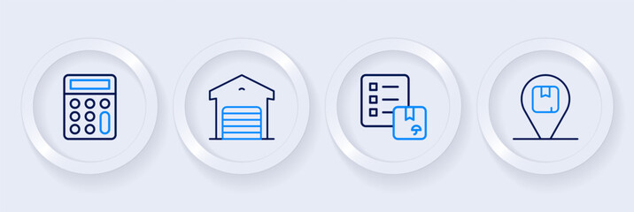 Set line Location with cardboard box, Verification of delivery list, Warehouse and Calculator icon. Vector