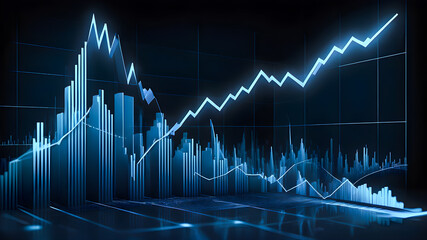 Blue line graph tracking a stock market's rise, symbolizing financial growth and success