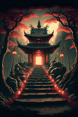ancient japanese shrine on the mountain, red gates, dusk, lanterns along the path. - obrazy, fototapety, plakaty