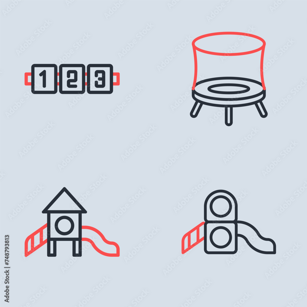 Poster set line jumping trampoline, slide playground, and education logic game icon. vector