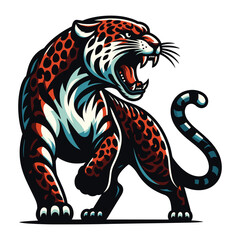 Wild roaring jaguar leopard full body vector illustration, zoology illustration, animal predator big cat design template isolated on white background