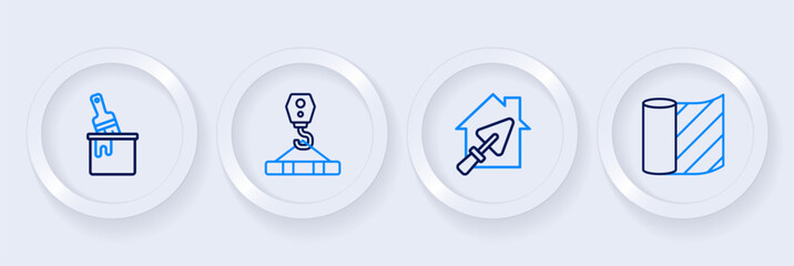 Set line Wallpaper, House with trowel, Crane hook and Paint bucket brush icon. Vector