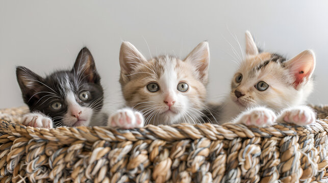 Three kittens in the paper box ,kittens in the basket ,three different colored maine coon kittens sitting side by side on blanket studio portrait
