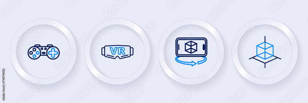 Poster set line 3d modeling, virtual reality glasses and gamepad icon. vector