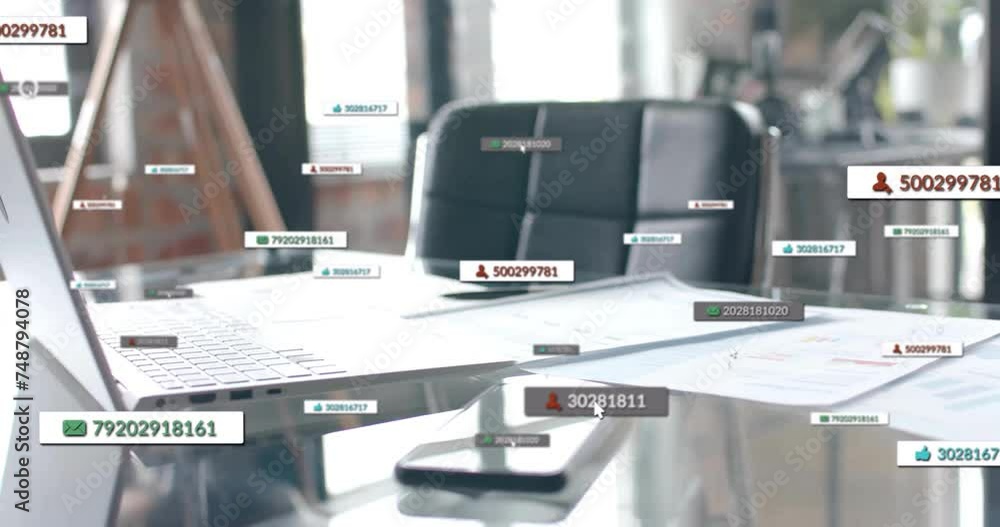 Poster animation of social media data processing over computer on desk in office