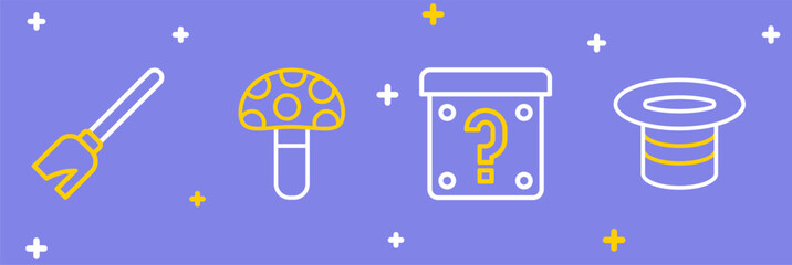 Set line Magic hat, Mystery box, Psilocybin mushroom and Witches broom icon. Vector