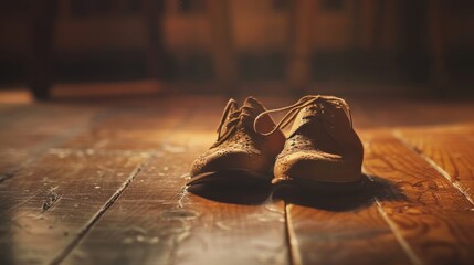 Vintage Shoes on Wooden Floor, Old-fashioned lace-up leather shoes placed on a scratched wooden floor, highlighted by warm sunlight. - obrazy, fototapety, plakaty