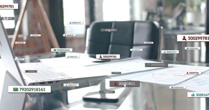 Animation of social media data processing over computer on desk in office