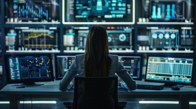 Female Analyst Monitoring Data on Multiple Screens, Back view of a female professional analyzing and monitoring complex data across multiple computer screens in a modern control room. - Powered by Adobe