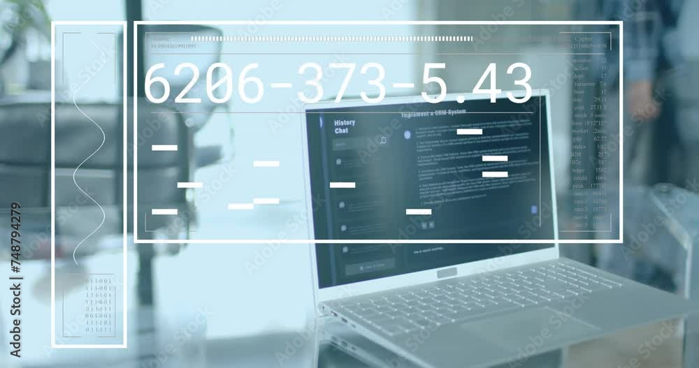 Poster animation of data processing over computer on desk in office