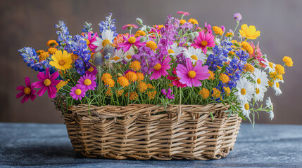 Vibrant summer wildflowers overflowing from a basket, isolated on a white background. Image generated by AI