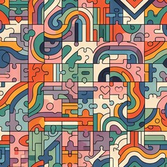 An intricate puzzle pattern with a colorful and abstract design. This image represents complexity, connection, and the concept of fitting together diverse elements.