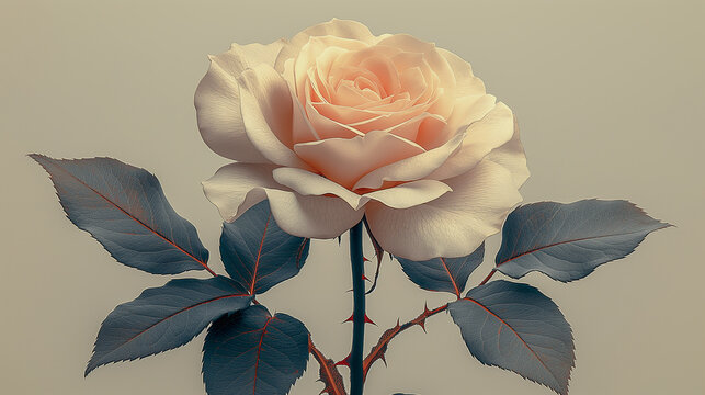Vintage botanical illustration of a rose with detailed leaves and thorns, on a white background Image generated by AI.