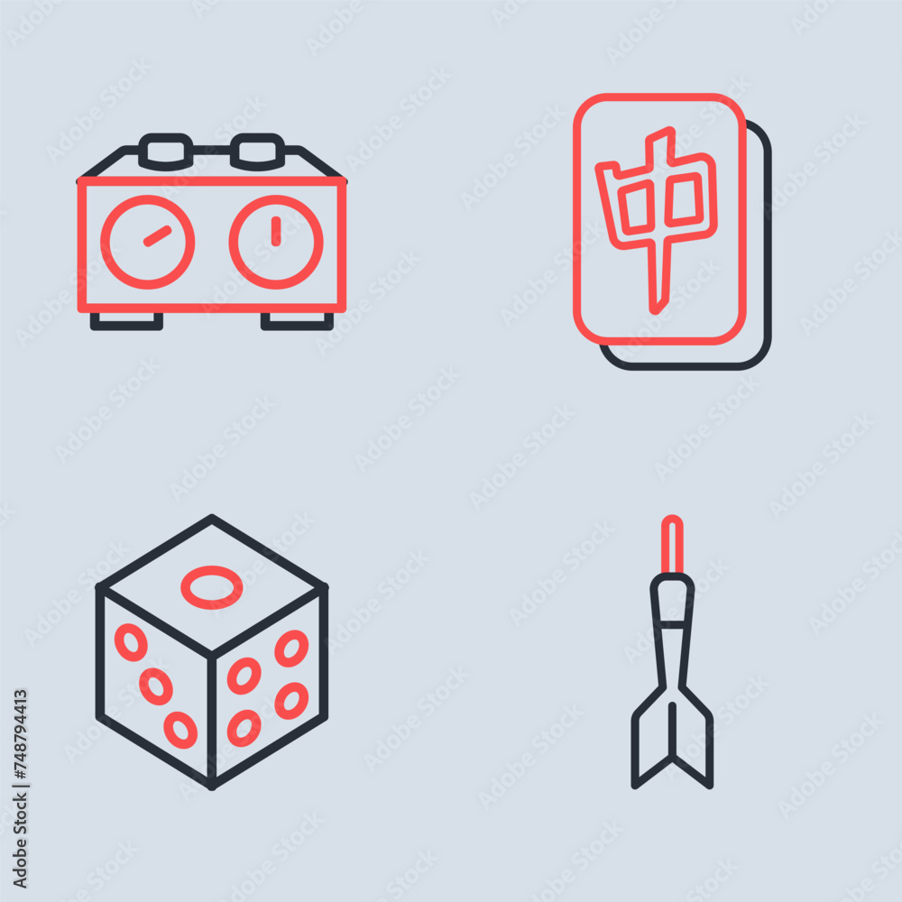 Poster set line mahjong pieces, game dice, dart arrow and time chess clock icon. vector