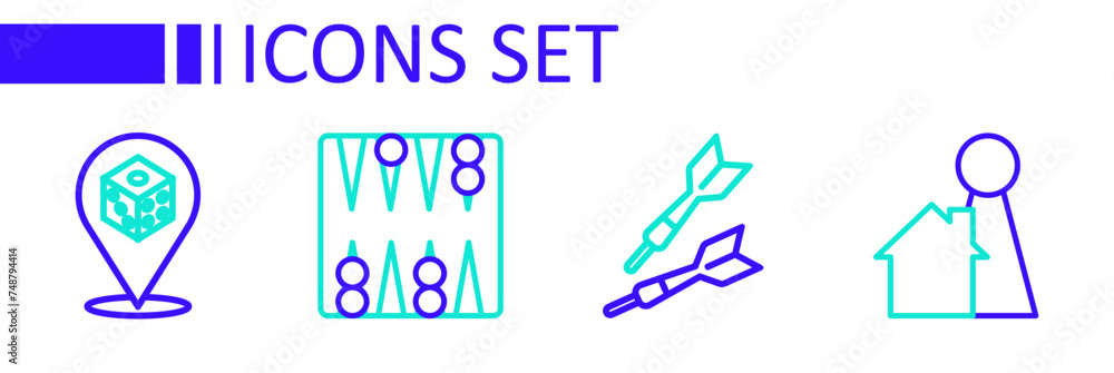 Poster set line chip for board game, dart arrow, backgammon and game dice icon. vector