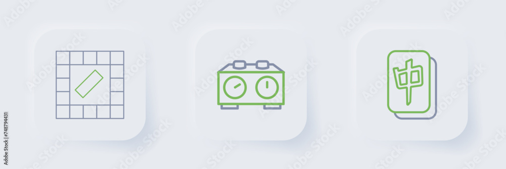 Poster set line mahjong pieces, time chess clock and board game icon. vector