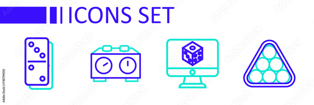 Poster set line billiard balls in triangle, game dice, time chess clock and domino icon. vector