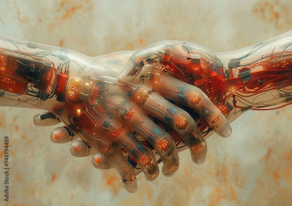 Aufkleber robot hands shaking. two robots make an alliance and shake hands in agreement