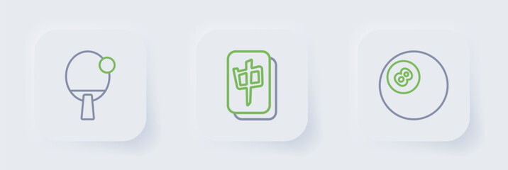 Set line Billiard pool snooker ball, Mahjong pieces and Racket icon. Vector