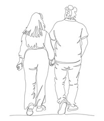 Man and woman hand holding and walking away. Woman holding phone. Continuous line drawing. Hand drawn black and white vector illustration in line art style.