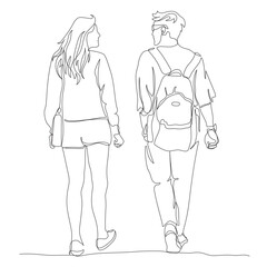 Man and woman walking and looking at each other. Man with backpack and in glasses. Tourism season. Continuous line drawing. Hand drawn black and white vector in line art style.