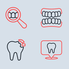 Set line Dentures model, Broken tooth, Dental clinic location and search icon. Vector