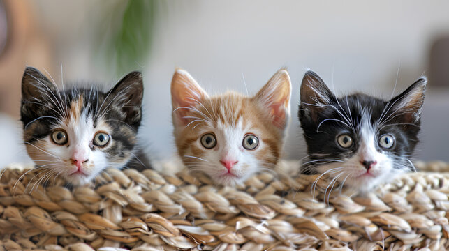 Three kittens in the paper box ,kittens in the basket ,three different colored maine coon kittens sitting side by side on blanket studio portrait

