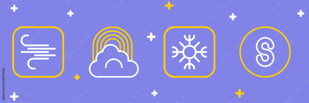 Sticker Set line Compass south, Snowflake, Rainbow with cloud and Wind icon. Vector