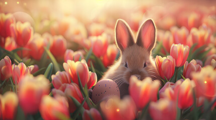 easter bunny with tulips - obrazy, fototapety, plakaty