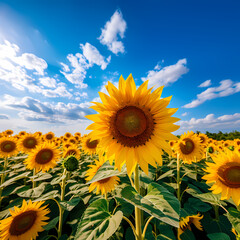 A field of sunflowers with a blue sky overhead.