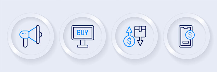 Set line Mobile with dollar, Tax cardboard box, Buy button and Megaphone icon. Vector