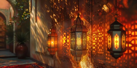Fototapeta premium Lanterns cast intricate shadows in a tranquil corner invoking a mystical ambiance