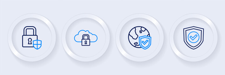 Set line Shield with check mark, world globe, Cloud computing lock and security icon. Vector