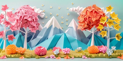 Origami spring landscape. A playful origami landscape featuring mountains, a variety of colorful trees, and a sprinkling of flowers against a pastel blue sky