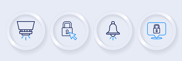 Set line Lock, Ringing alarm bell, and Fire sprinkler system icon. Vector