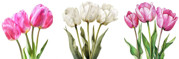 Fototapeta premium Pink & white tulips isolated on a transparent or white background, PNG