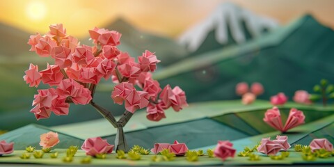 Origami spring landscape. An origami landscape bathed in the warm glow of sunset, featuring pink paper flowers and mountains, creating a serene paper-made valley