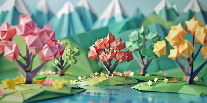 Origami spring landscape. A detailed panorama of a colorful origami paper forest with intricate trees and reflective water, set against a backdrop of blue paper mountains - Powered by Adobe