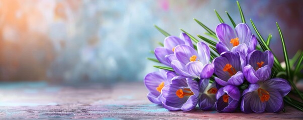 Blue crocuses ,spring flowers, banner poster, place for text.