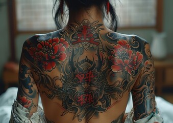 Japanese themed tattoo on a woman's back. flower tattoo on woman's back