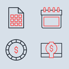 Set line Calendar, Casino chip with dollar, Stacks paper money cash and Lottery ticket icon. Vector