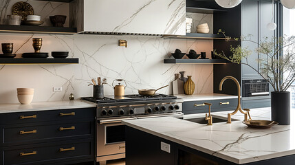 A luxury contemporary kitchen featuring stylish black and white cabinets, golden fixtures, and marble tiles